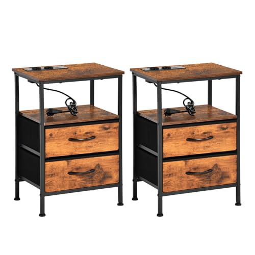 EGGREE 2er Set Nachttisch mit Ladestation, Kleiner Nachttisch mit Stoffschubladen und Ablage für Schlafzimmer, kleine Räume, Nachtkästchen mit USB-Anschlüssen und Steckdosen - Vintagebraun EGGREE 2er Set Nachttisch mit Ladestation, Kleiner Nachttisch mit Stoffschubladen und Ablage für Schlafzimmer, kleine Räume, Nachtkästchen mit USB-Anschlüssen und Steckdosen - Vintagebraun von EGGREE