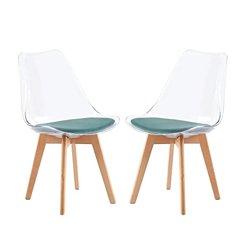 EGGREE 2er-Set Skandinavische SGS-geprüfte Esszimmerstühle, 2 Transparente Küchenstühle mit Massiven Buchenbeinen und Aqua-Grünem Samt-Sitzkissen von EGGREE