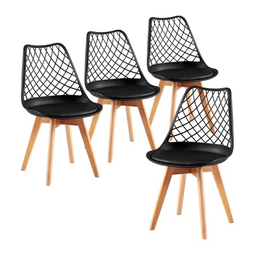 EGGREE 4-Set Gartenstühle Hollow Out SGS Getestet, Gepolsterte Outdoor Stühle Retro Schreibtisch Stühle, Massive Buchenbeine, Passend für Garten, Terrasse, Balkon, Wohnzimmer, Café, Schwarz von EGGREE