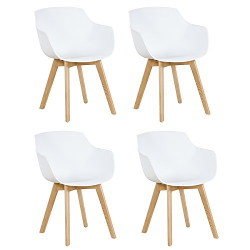 EGGREE Esszimmerstühle 4er-Set mit Beinen aus massivem Buchenholz, Retro-Design, Küchenstühle aus Holz, weiß, Wohnzimmerstuhl mit Armlehnen von EGGREE