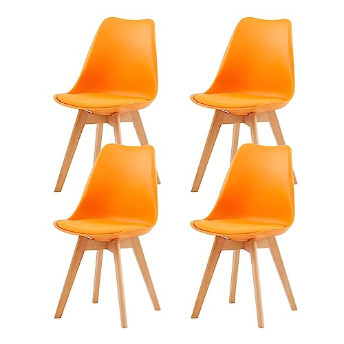 EGGREE 4er Set Esszimmerstühle mit Massivholz Buche Bein SGS Geprüfter, Skandinavisch Design Gepolsterter aus PU-Leder Küchenstuhl Essstühle, Orange von EGGREE