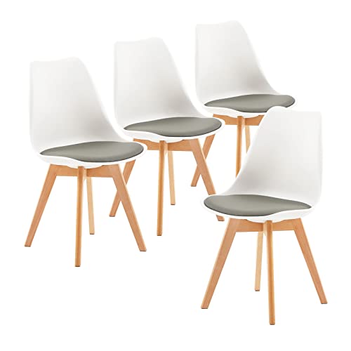 EGGREE 4er Set Esszimmerstühle mit Massivholz Buche Bein SGS Geprüfter, Skandinavisch Design Gepolsterter aus PU-Leder Küchenstuhl Essstühle, Weiß & Grau von EGGREE