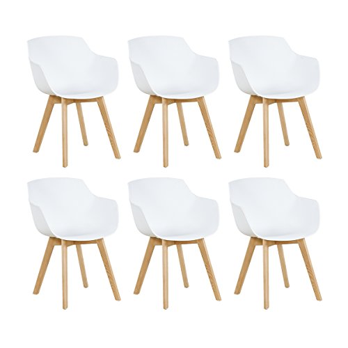EGGREE 6er Set Esszimmerstühle Skandinavisch mit Armlehne und Starke Buche Stuhlbeine, Modern Design Sessel für Büro Küche Wohnzimmer, Weiß von EGGREE