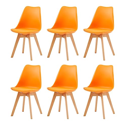EGGREE 6er Set Esszimmerstühle mit Massivholz Buche Bein SGS Geprüfter,Skandinavisch Design Gepolsterter aus PU-Leder Küchenstuhl Essstühle,Orange von EGGREE