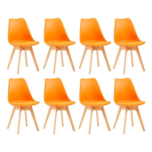 EGGREE 8er Set Esszimmerstühle mit Massivholz Buche Bein SGS Geprüfter, Skandinavisch Design Gepolsterter aus PU-Leder Küchenstuhl Essstühle, Orange von EGGREE