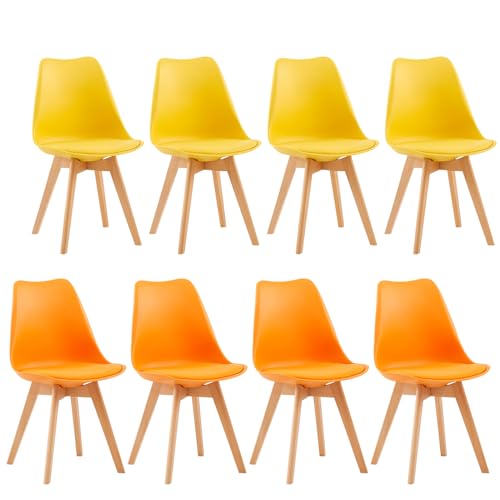 EGGREE 8er Set Esszimmerstühle mit Massivholz Buche Bein SGS Geprüfter Skandinavisch Design Gepolsterter Stuhl Küchenstuhl Holz,4 Gelb +4 Orange von EGGREE