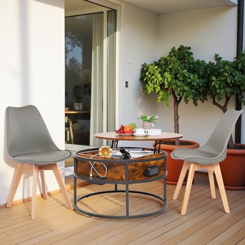 EGGREE Couchtisch Rund mit Hebeplatte,Beistelltisch Höhenverstellbar mit Stauraum Klein Wohnzimmertisch,Kaffeetisch mit 2 Grau Stühle,80x80x48cm-62cm von EGGREE