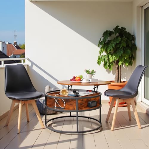 EGGREE Couchtisch Rund mit Hebeplatte,Beistelltisch Höhenverstellbar mit Stauraum Klein Wohnzimmertisch,Kaffeetisch mit 2 Schwarz Stühle,80x80x48cm-62cm von EGGREE