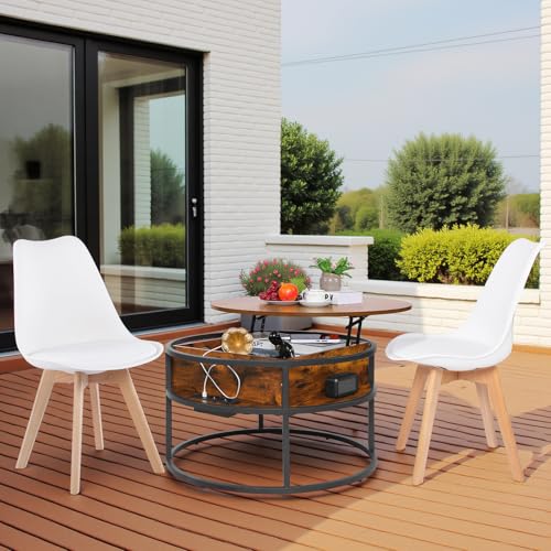 EGGREE Couchtisch Rund mit Hebeplatte,Beistelltisch Höhenverstellbar mit Stauraum Klein Wohnzimmertisch,Kaffeetisch mit 2 Weiß Stühle,80x80x48cm-62cm von EGGREE