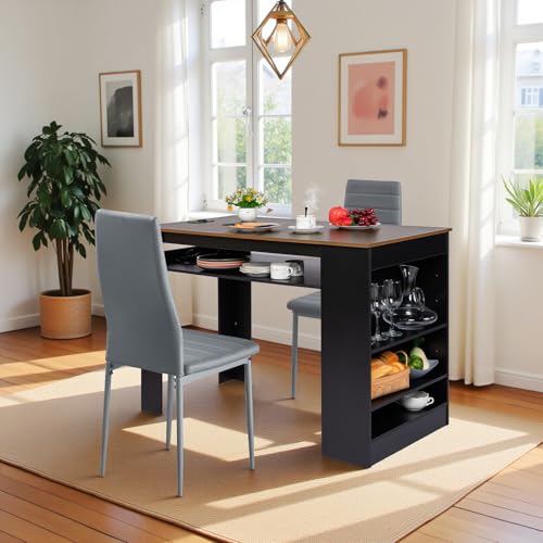 EGGREE Esstisch mit 2 Stühlen Essgruppe, Bartisch Set, Schreibtisch mit AC-Steckdosen und USB-Anschlüssen, 111cm Küchentisch mit 4 Ablagen für Wohnzimmer, Küche(Braun Walnusstisch+2 Grau Stühle) von EGGREE