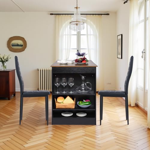 EGGREE Esstisch mit 2 Stühlen Essgruppe, Bartisch Set, Schreibtisch mit AC-Steckdosen und USB-Anschlüssen, 111cm Küchentisch mit 4 Ablagen für Wohnzimmer, Küche(Braun Walnusstisch+2 Schwarz Stühle) von EGGREE