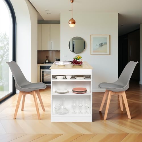 EGGREE Esstisch mit 2 Stühlen Essgruppe, Bartisch Set, Schreibtisch mit AC-Steckdosen und USB-Anschlüssen, 111cm Küchentisch mit 4 Ablagen für Wohnzimmer, Küche(Weiß Eichentisch+2 Grau Stühle) von EGGREE