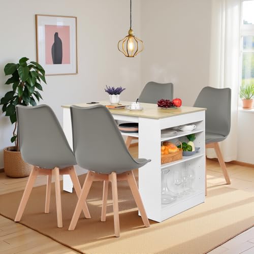 EGGREE Esstisch mit 4 Stühlen Essgruppe, Bartisch Set, Schreibtisch mit AC-Steckdosen und USB-Anschlüssen, 111cm Küchentisch mit 4 Ablagen für Wohnzimmer, Küche(Weiß Eichentisch+4 Grau Stühle) von EGGREE