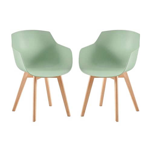 EGGREE Esszimmerstühle 2er-Set mit Beinen aus massivem Buchenholz, Retro-Design, Küchenstühle aus Holz, Wohnzimmerstuhl mit Armlehnen - Eiscreme Grün von EGGREE