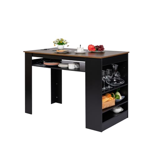 EGGREE Multifunktionstisch Esstisch mit Aufbewahrungsregalen und Steckdose - 110x60x78cm Küchentisch aus Eiche Dekor - Höhenverstellbare Fächer, Ablagefläche, für kleine Räume in Walnuss und Schwarz von EGGREE