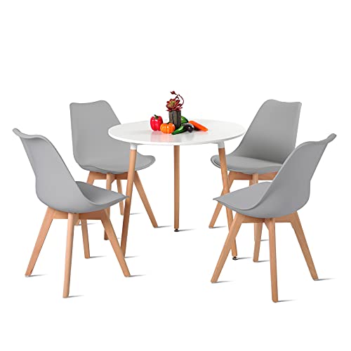 EGGREE Runder Tisch und Stuhl für Esszimmer, skandinavisch, Set mit 4 Stühlen, grau, mit Tisch, Küche, 80 cm, weiß, für Wohnzimmer, Café von EGGREE