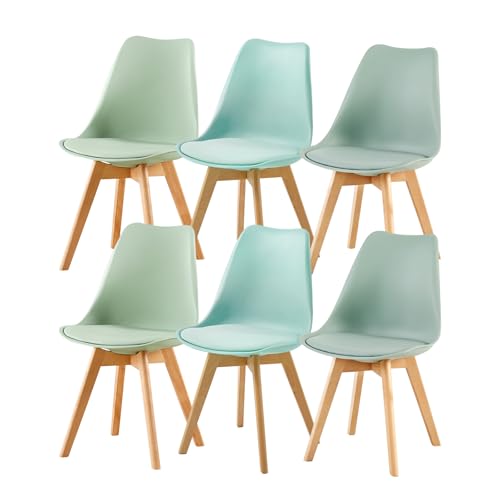 EGGREE Set Von 6 Skandinavischen SGS Test Esszimmerstühlen, Gepolsterte Küchenstühle, Vintage Bürostühle, Mintgrüne Buchenbeine, Grünes EIS, Grüner Matcha von EGGREE
