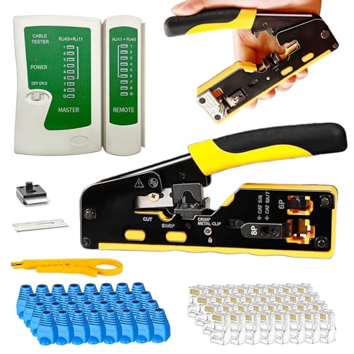 Multifunktionales Netzwerk-Werkzeug-Set,Professionelles RJ45-Crimp-Werkzeug-Set FÜR CAT5/CAT6/CAT7-Kabel,Ethernet-Crimp-Werkzeug Zum Abisolieren,Schneiden,Ergonomisches Design,Professionelles Kit von EGGUITAR