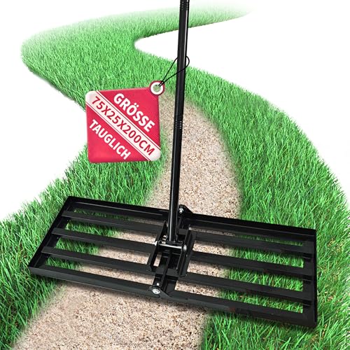Rasenrechen Rasenabzieher 75x25 cm aus Edelstahl – Verstellbarer Metallstiel 160–200 cm mit Gummigriff – Nivellierrechen für Sand, Erde & Rasenpflege – Garten- und Golfplatz-Glätter von EGGUITAR