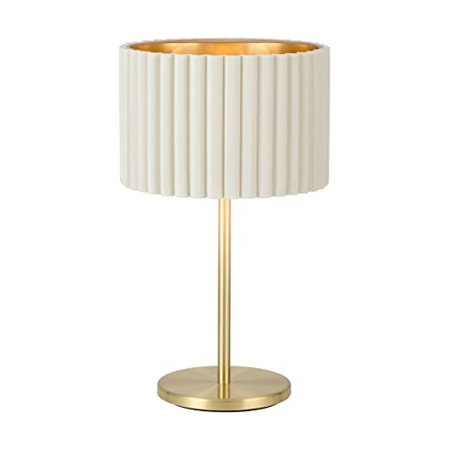EGLO Tischlampe Tamaresco, edle Vintage Tischleuchte aus Metall in Messing gebürstet und Samt in weiß und gold, kleine Stehlampe, Lampe Wohnzimmer mit Schalter, E27 Fassung von EGLO