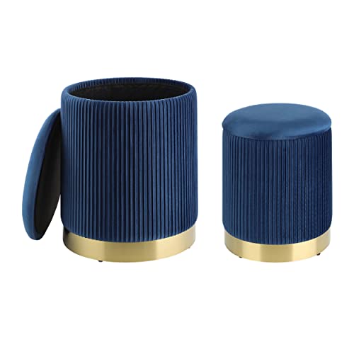 EGLO LIVING 2er Set Hocker mit Stauraum Mashike, Elegante Sitzhocker, runde Couch Beistellhocker, Pouf aus Samt in Blau und Metall in Gold, Samthocker Ø 36 cm von EGLO LIVING