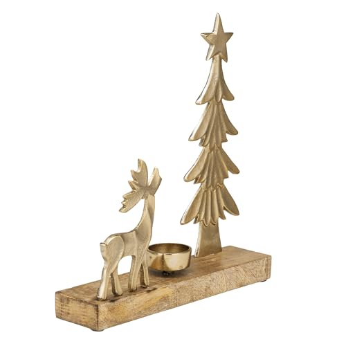 EGLO LIVING Teelichthalter mit Deko Rentier Baliguian, Weihnachtsdeko Fensterbank Wohnzimmer, Tischdeko Weihnachten Hirsch Weihnachtsbaum, Holz und Metall in Gold, 25 x 27 cm von EGLO LIVING