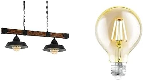 EGLO Pendellampe Oldbury, Vintage Pendelleuchte im Industrial Design inkl. 2 LED Leuchtmittel, Hängelampe aus Stahl und Holz, Schwarz, braun rustikal, 86 cm von EGLO LIVING