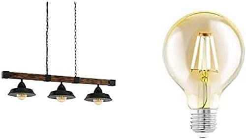 EGLO Pendellampe Oldbury, Vintage Pendelleuchte im Industrial Design inkl. 3 LED Leuchtmittel, Hängelampe aus Stahl und Holz, Schwarz, braun rustikal, 118 cm von EGLO LIVING