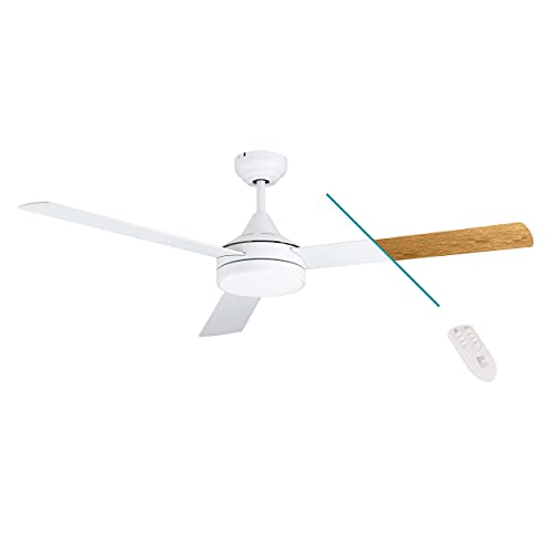 EGLO Deckenventilator SESIMBRA, 3 Flügel Ventilator mit Licht, weiß, Wendeflügel aus Schichtholz Eiche oder weiß, Fernbedienung, Sommer Winter Betrieb, warmweiß–kaltweiß, dimmbar, AC Motor, Ø 132cm von EGLO