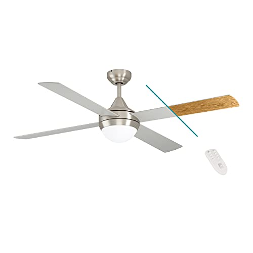 EGLO Deckenventilator VARADERO, 4 Flügel Ventilator mit Licht, Wendeflügel aus MDF in Silber oder Eiche, Gehäuse aus Stahl in Silber, Fernbedienung, Timer, Sommer Winter Betrieb, Ø 122cm von EGLO