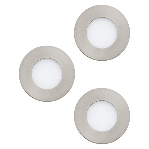 EGLO 3-er Set LED Einbaustrahler Fueva 1, Ø 8,5 cm, LED Spots Set aus Metallguss und Kunststoff, 3 LED Einbauleuchten in Nickel-Matt, Weiß, Einbaustrahler LED flach, warmweiß von EGLO