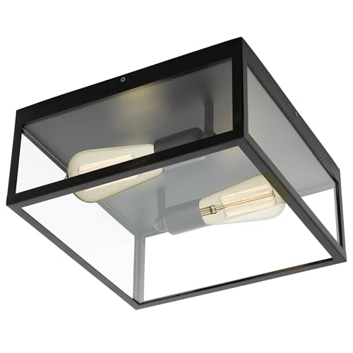 EGLO Deckenlampe Charterhouse, 2 flammige Vintage Deckenleuchte, Material: Stahl, Farbe: Schwarz, Glas: klar, Fassung: E27 von EGLO