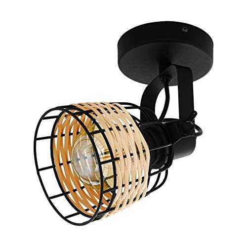 EGLO Deckenlampe Anwick 1, 1 flammige Deckenleuchte Vintage, Boho, Deckenstrahler aus Stahl und Rattan, Wohnzimmerlampe in Schwarz, Natur, Küchenlampe, Spot mit E27 Fassung von EGLO