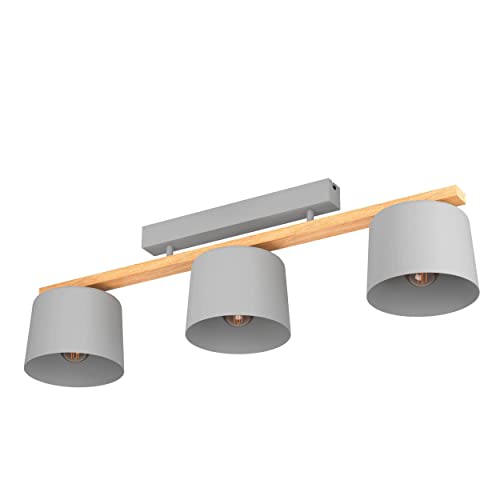 EGLO Deckenlampe Mariel, Deckenleuchte mit 3 Spots, Spotbalken skandinavisch, Wohnzimmerlampe aus Stahl in hellgrau und Holz, FSC100HB, Deckenspot mit E27 Fassung von EGLO