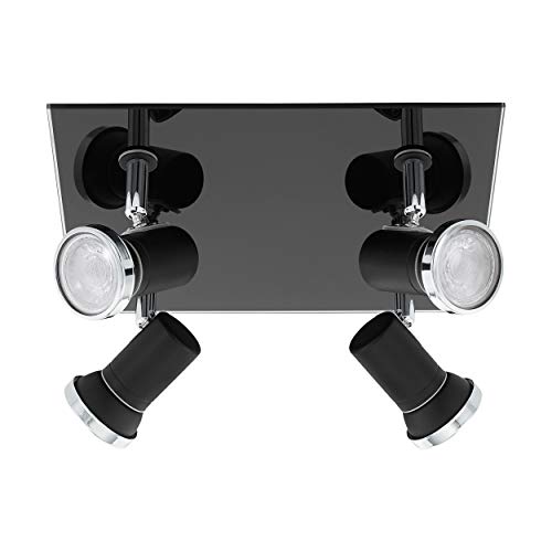 EGLO Deckenlampe Tamara 1, 4 flammige Deckenleuchte, Klassisch, Deckenstrahler aus Stahl und Glas, Wohnzimmerlampe in Schwarz,Chrom, Klar, Küchenlampe, Badezimmer Spots mit GU10 Fassung, IP44 von EGLO