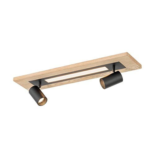 EGLO Deckenlampe Torrestralle, Deckenleuchte mit LED-Panel und 2 Spots, Wohnzimmerlampe aus schwarzem Metall und Holz-Furnier in Eiche-Optik, Lampe Decke Wohnzimmer, warmweiß, L 69 cm von EGLO