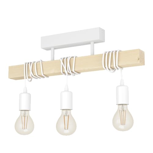 EGLO Deckenlampe Townshend, 3 flammige Vintage Deckenleuchte im Industrial Design, Retro Pendelleuchte aus Stahl und Holz, Farbe Weiß, braun, FSC zertifiziert, E27 von EGLO