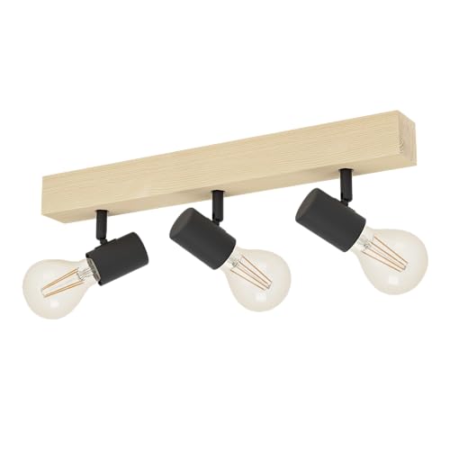 EGLO Deckenlampe Townshend 3, 3 flammiger Vintage Deckenspot im Industrial Design, Retro Lampe aus Stahl und Holz, schwarz, braun, E27 Fassung, FSC zertifiziert von EGLO