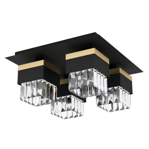 EGLO Deckenleuchte Barrancas, Kristall Deckenlampe 4-flammig, edle Deckenbeleuchtung aus Metall in Schwarz und Gold, Glas in Transparent, Wohnzimmerlampe mit E14 Fassung von EGLO