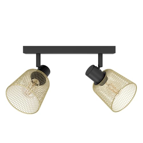 EGLO Deckenstrahler Coslada, 2-flammige Deckenlampe mit schwenkbaren Spots, Gitter Deckenleuchte Industrial Design, Metall in Schwarz und Messing-gebürstet, Deckenspot mit E27 Fassung von EGLO