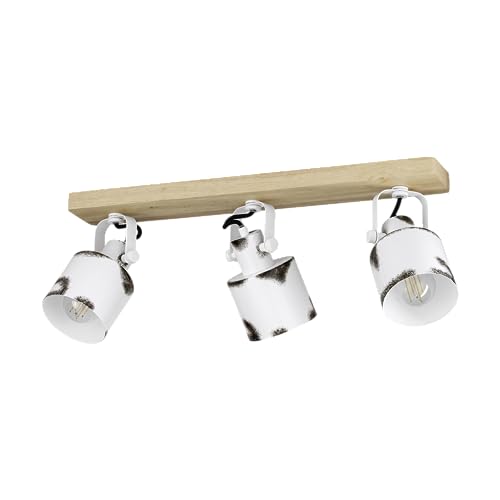 EGLO Deckenstrahler Kilburn, 3-flammige Deckenlampe mit schwenkbaren Spots, FSC100HB, Deckenleuchte im Landhaus Stil, Metall in Weiß und Holz in Natur, Deckenspot mit E27 Fassung von EGLO