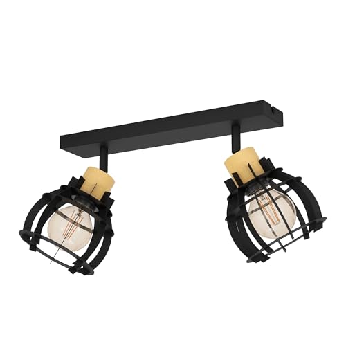 EGLO Deckenstrahler Stillington 1, 2-flammige Deckenlampe mit schwenkbaren Spots, FSC100HB, Deckenleuchte Industrial Design aus Metall in Schwarz und Holz in Natur, Deckenspot mit E27 Fassung von EGLO