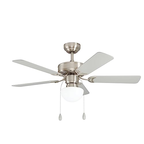 EGLO Deckenventilator CADIZ, 5 Flügel Ventilator mit Licht, Zugkette, Wendeflügel aus MDF in Silber oder Eiche, Gehäuse aus Stahl in Nickel-Matt, Sommer Winter Betrieb, AC Motor, Ø 106,6cm von EGLO