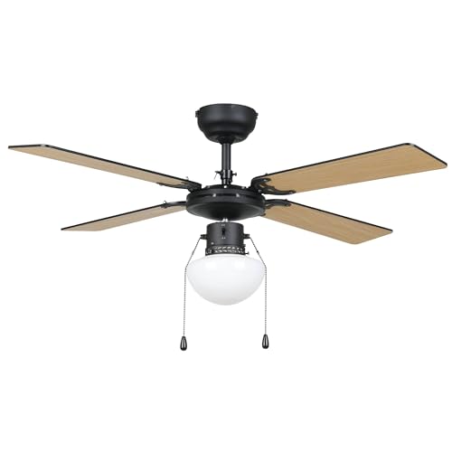 EGLO Deckenventilator Fortaleza, 4 Flügel Ventilator mit Zugkette, Beleuchtung und Sommer Winter Betrieb, Holz, Stahl in schwarz matt und Glas in Weiß, AC Motor, Ø 106,6cm EGLO Deckenventilator Fortaleza, 4 Flügel Ventilator mit Zugkette, Beleuchtung und Sommer Winter Betrieb, Holz, Stahl in schwarz matt und Glas in Weiß, AC Motor, Ø 106,6cm von EGLO