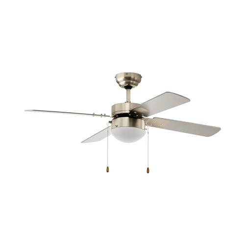 EGLO Deckenventilator Gelsina, 4 Flügel Ventilator mit Zugkette, Beleuchtung und Sommer Winter Betrieb, Flügelmaterial MDF in Silber, AC Motor, Ø 106,6cm von EGLO