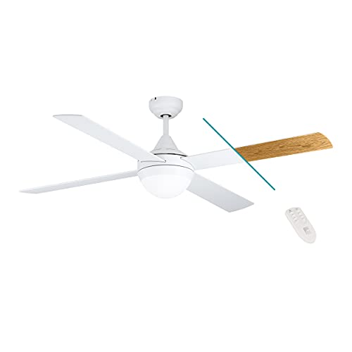 EGLO Deckenventilator VARADERO, 4 Flügel Ventilator mit Licht, Wendeflügel aus MDF in Weiß oder Eiche, Gehäuse aus Stahl in Weiß matt, Fernbedienung, Timer, Sommer Winter Betrieb, AC Motor, Ø 122cm von EGLO