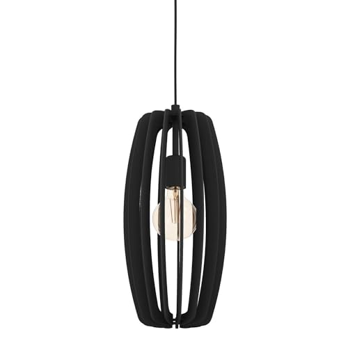 EGLO Hängelampe Bajazzara, 1-flammige Pendelleuchte Esstisch, skandinavische Esszimmerlampe aus Holz und Metall in Schwarz, Hängeleuchte mit E27 Fassung von EGLO