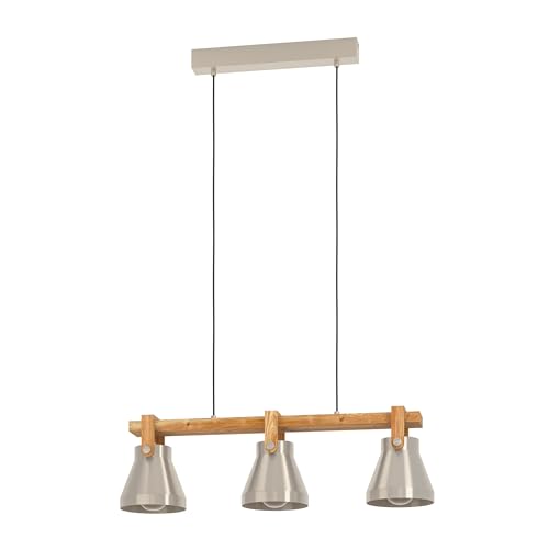 EGLO Hängelampe Cawton, 3-flammige Industrial Pendelleuchte über Esstisch, rustikale Esszimmerlampe aus Metall in Stahlfarben und geflammtem Holz, Hängeleuchte mit E27 Fassung, 76 cm von EGLO