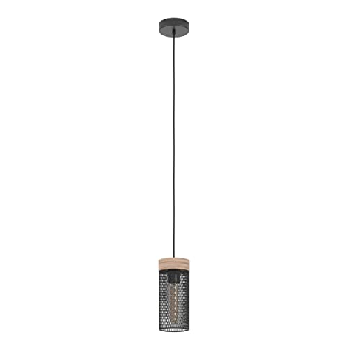 EGLO Hängelampe Klinsdale, Pendelleuchte Esstisch 1-flammig, Industrial Esszimmerlampe aus Holz in Nussbaum und Metall in Schwarz, Gitter Hängeleuchte mit E27 Fassung von EGLO