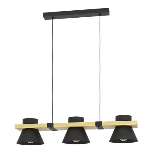 EGLO Hängelampe Maccles, 3-flammige Pendelleuchte über Esstisch, FSC100HB, Esszimmerlampe aus Holz und Metall in Schwarz, Hängeleuchte mit E27 Fassung, 78 cm von EGLO